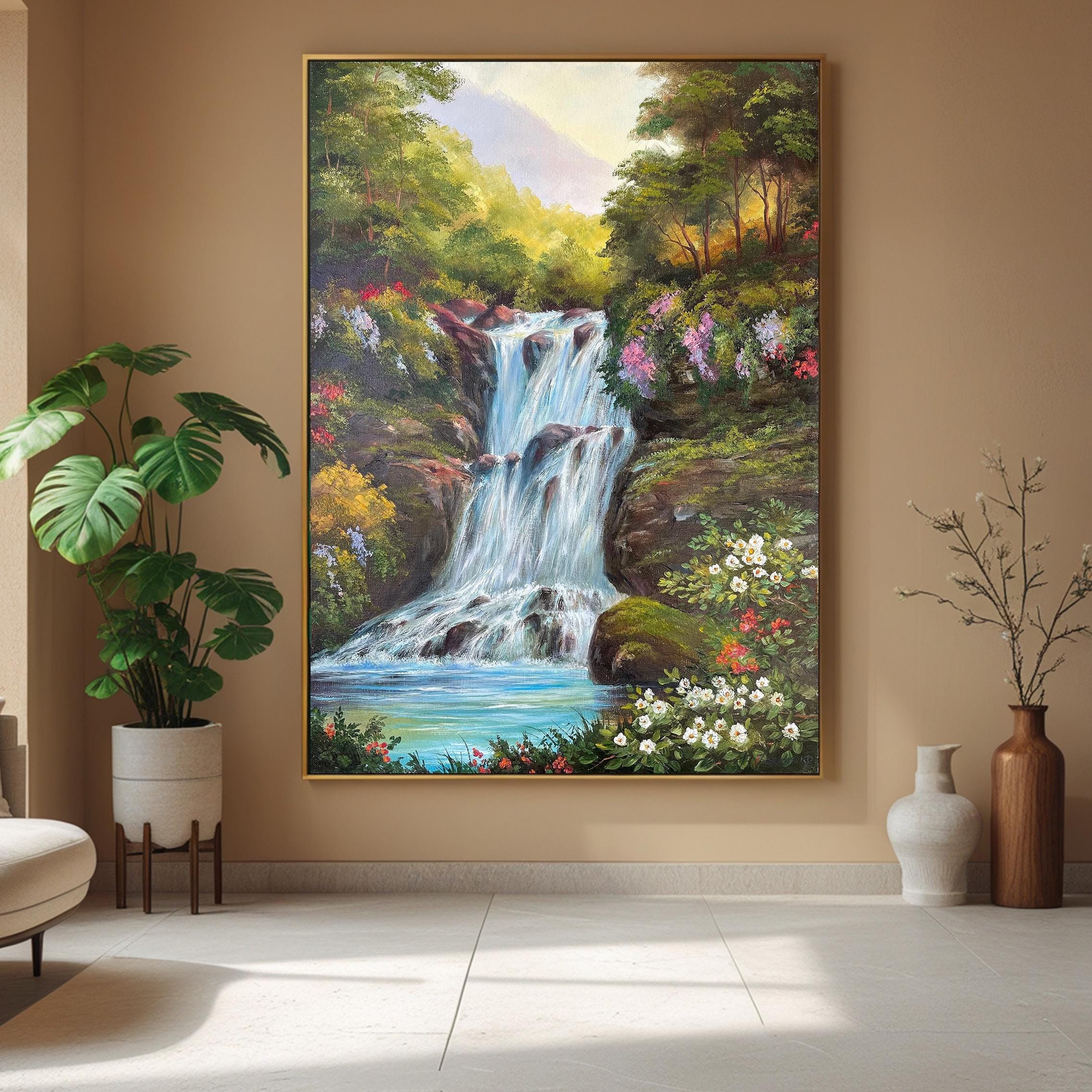 トロピカルな滝のオリジナルキャンバス絵画 風景画 壁アート 100