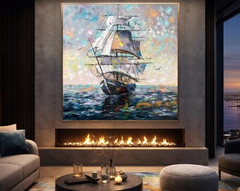 帆船油絵オリジナル：ボートセーリングキャンバスウォールアート、大型