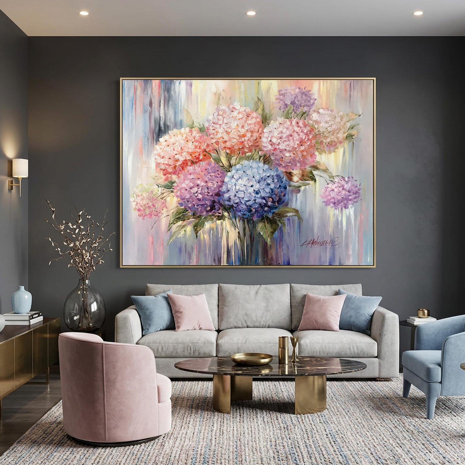 Abstract Hydrangea Oil Painting Original: Large Spring Flowers Wall Art ...