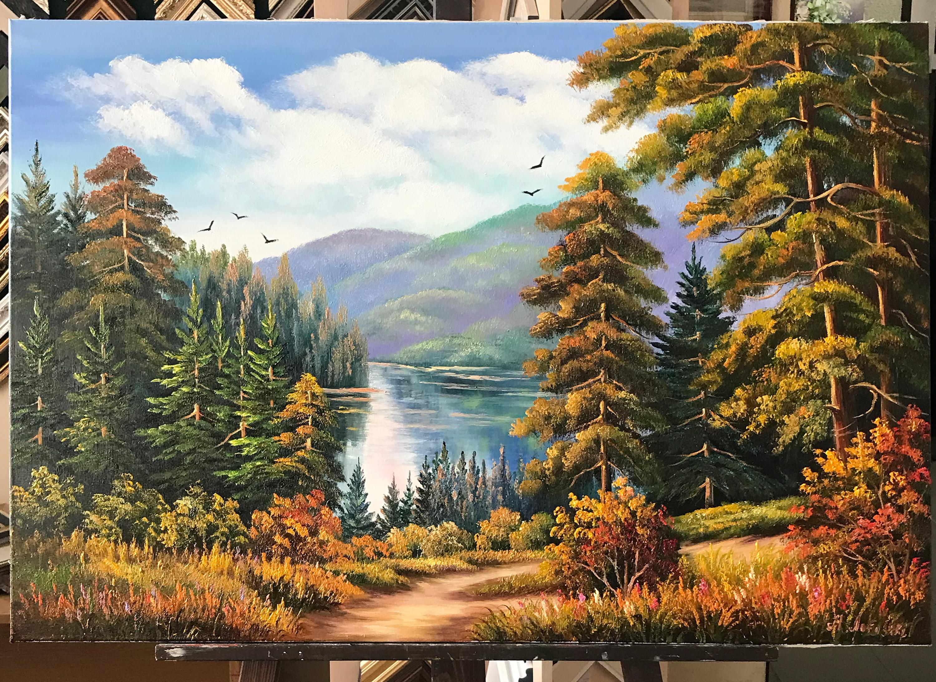 自作油彩画 油絵 風景画 湖 森 自作油彩画 油絵 風景画 湖 森