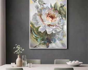 大きな抽象的な花の油絵、白緑の花の壁アート、ニュートラルカラーの花
