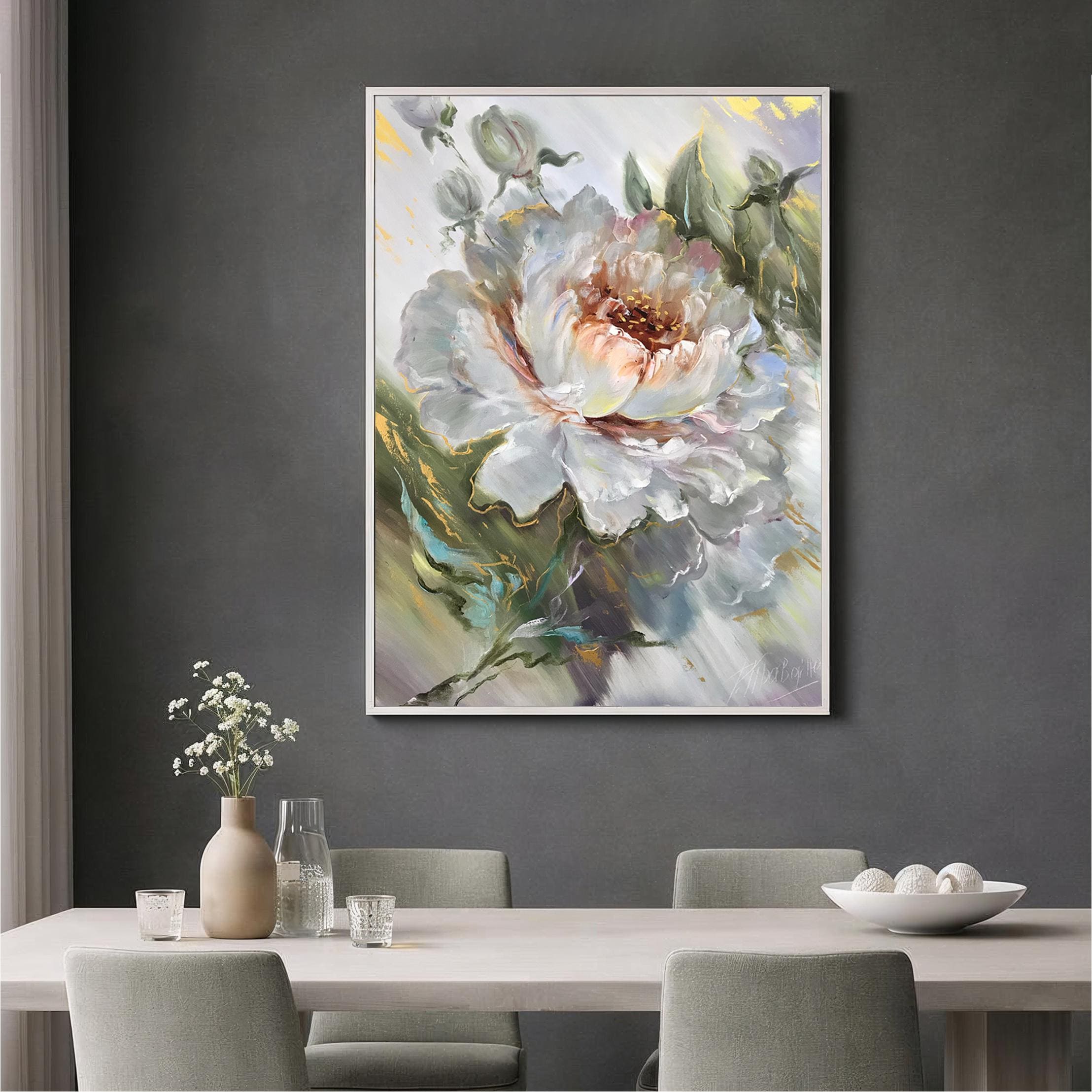 大きな抽象的な花の油絵、白緑の花の壁アート、ニュートラルカラーの花