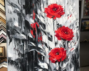ロマンチックなバラの絵画オリジナルアートワーク白黒の花の絵画赤い