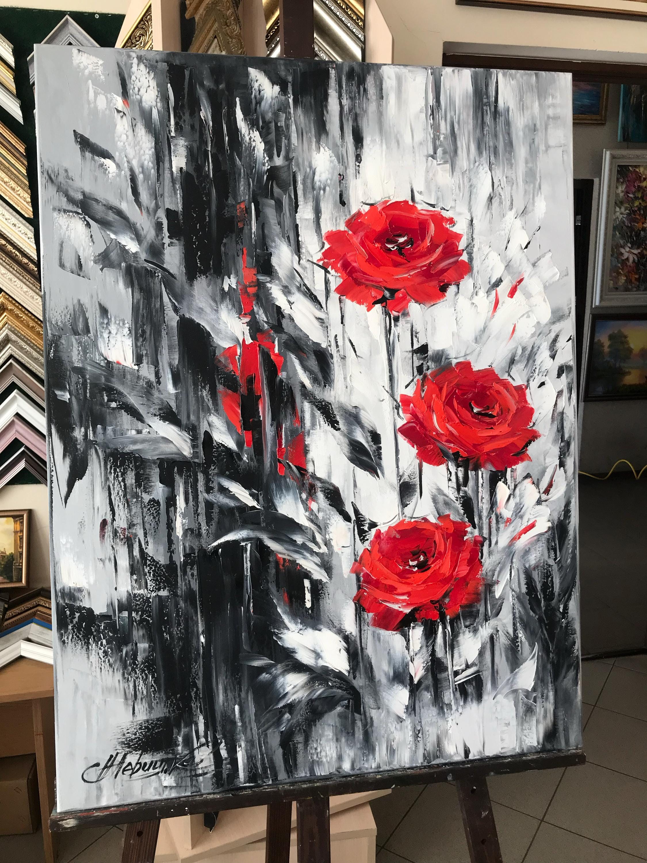 ロマンチックなバラの絵画オリジナルアートワーク白黒の花の絵画赤い
