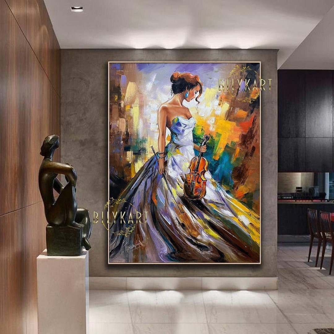 バイオリンを持つ女性 油絵 オリジナル 女性 36x48 キャンバス 壁