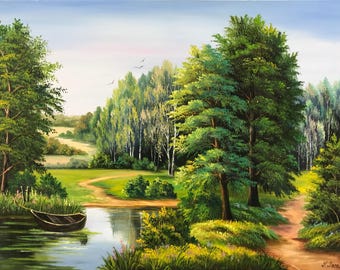 フォレストリバーオリジナル油絵 額入り ニュートラル風景画 大きな