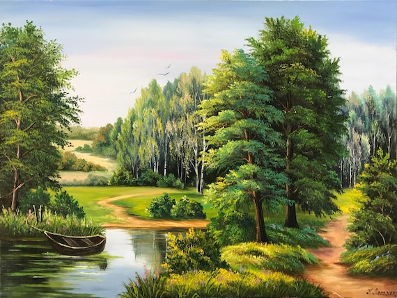フォレストリバーオリジナル油絵 額入り ニュートラル風景画 大きな