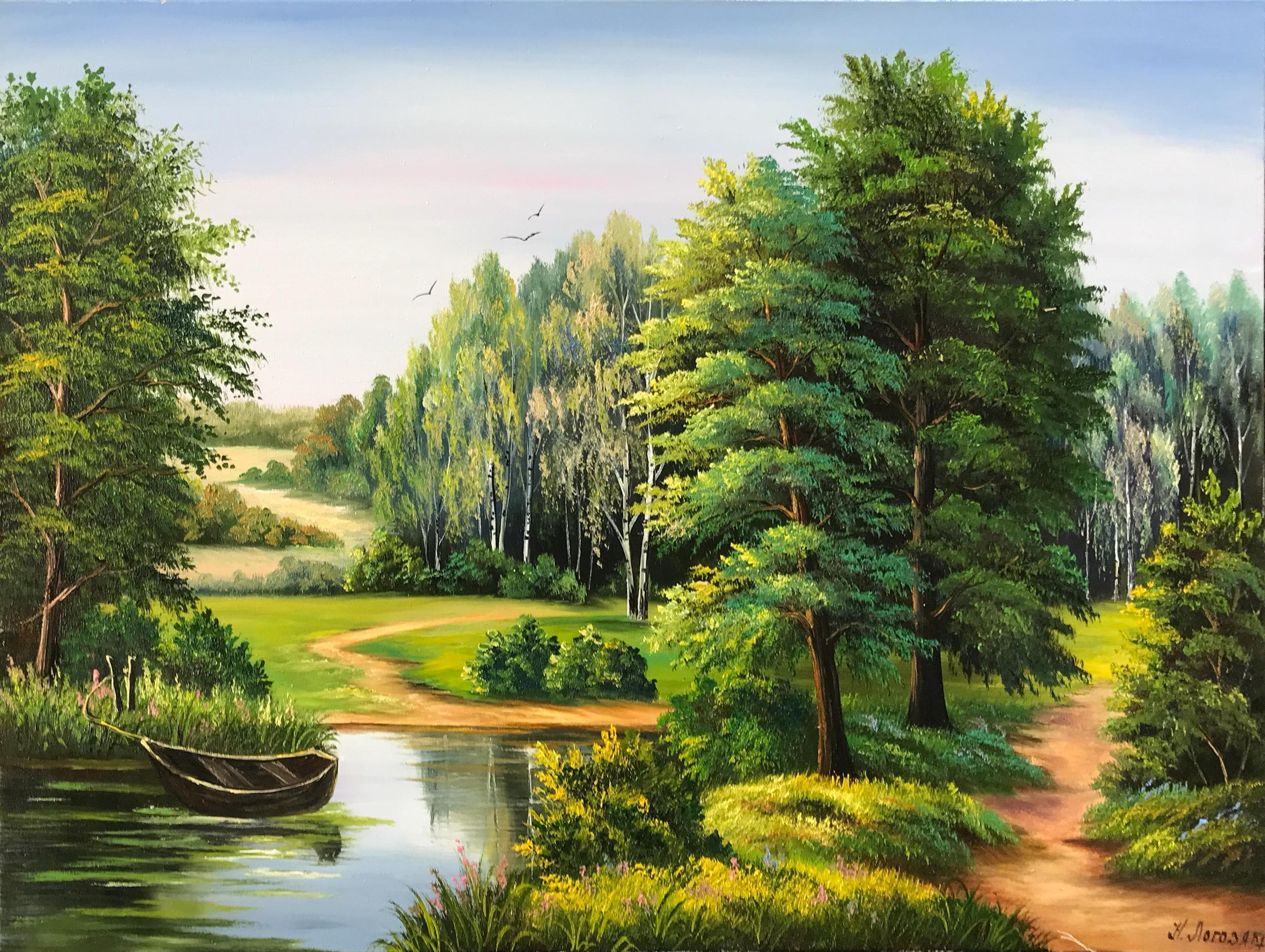 フォレストリバーオリジナル油絵 額入り ニュートラル風景画 大きな