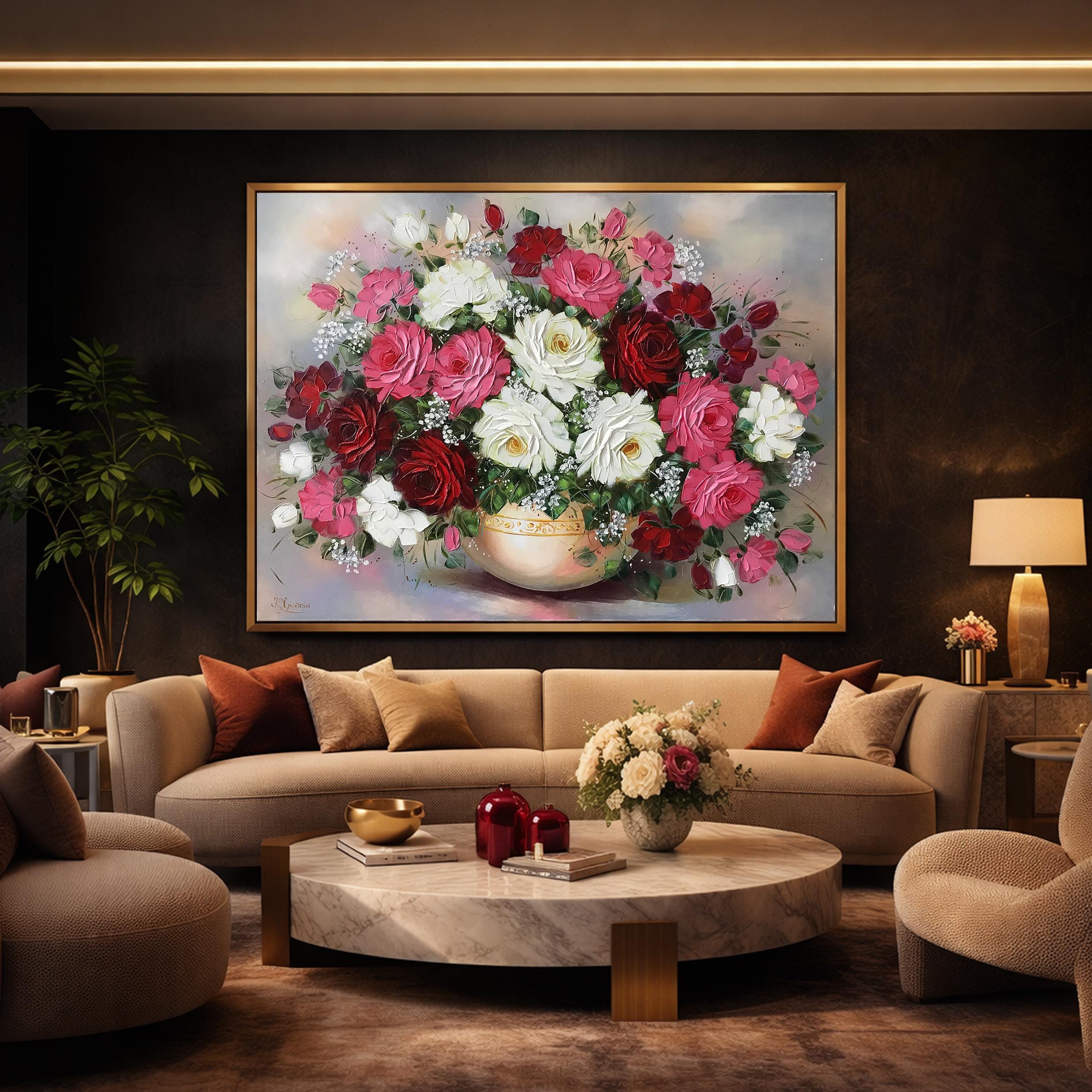 花瓶に入ったバラの花束の油絵：静物画の花のアートワーク - Etsy 日本