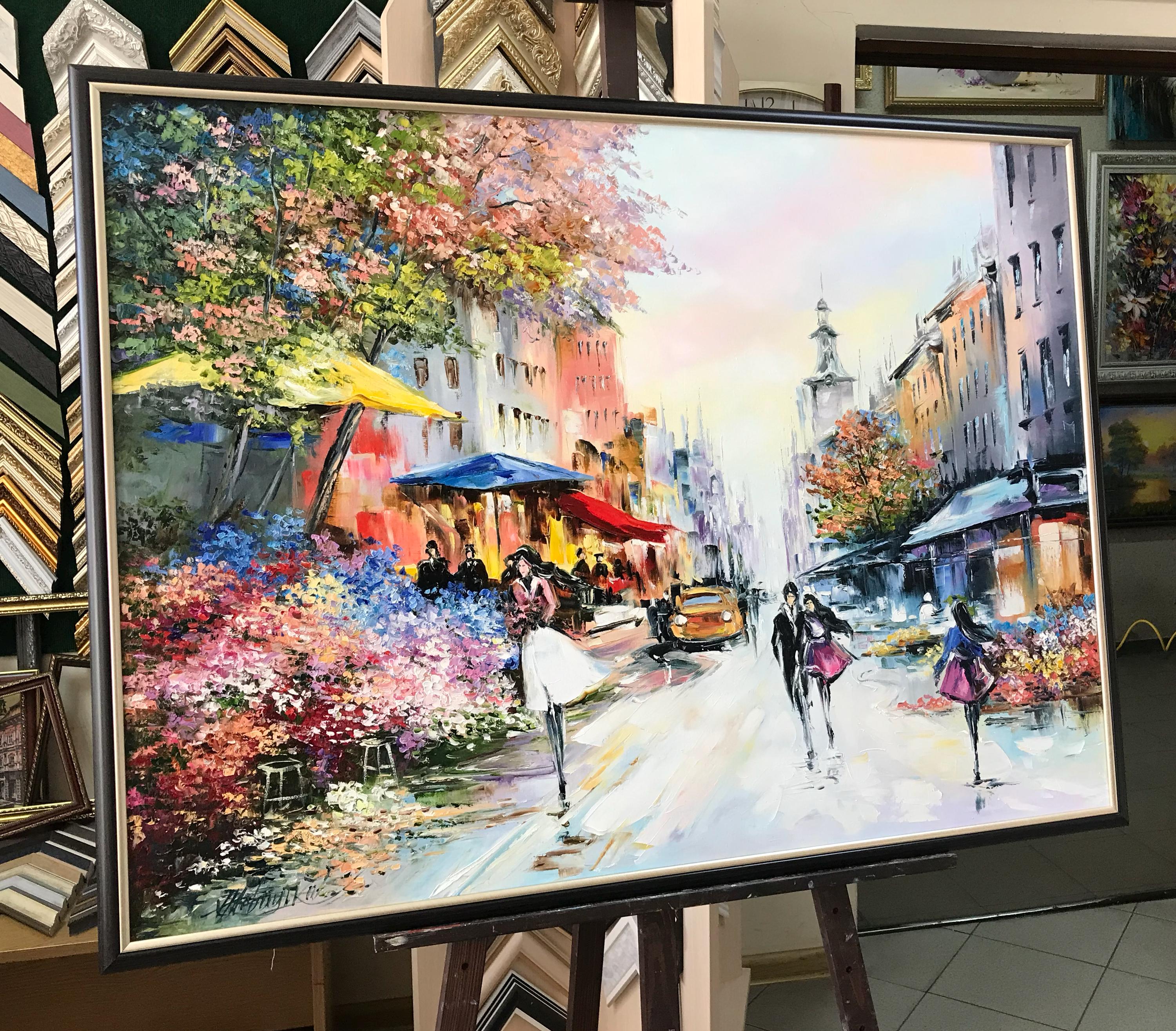 抽象的な都市景観の油絵 オリジナル フランスのカフェ風景 パリの絵画