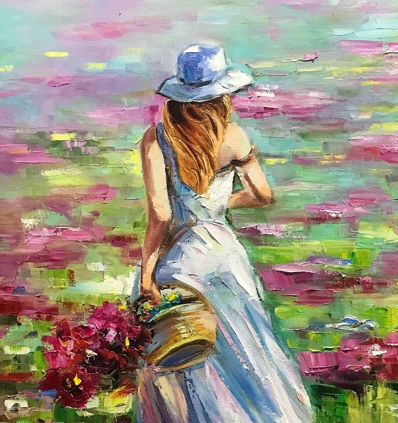 Woman With Flowers Oil Painting, Framed Wildflower Meadow Artwork 30x40 ...