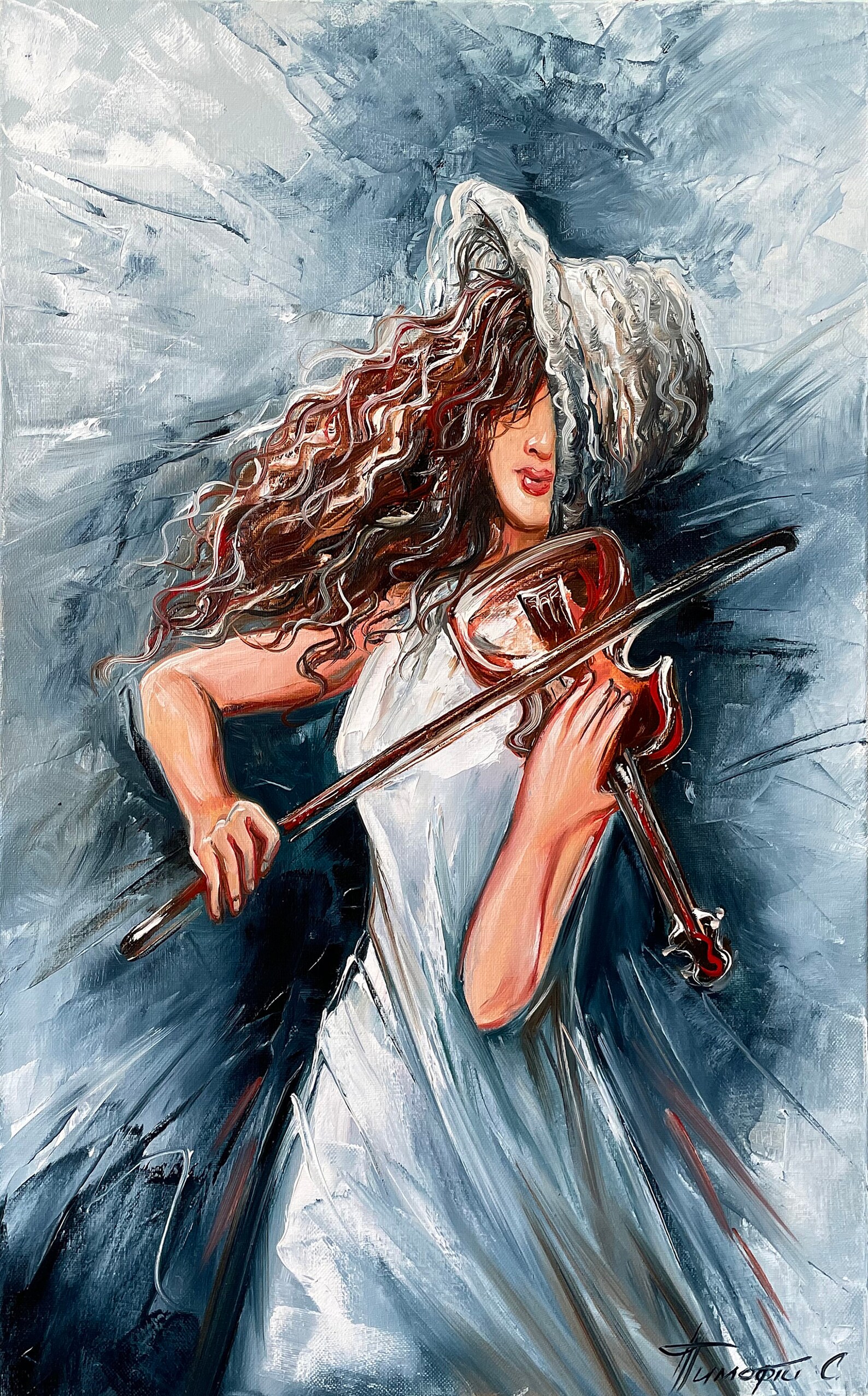 Girl Playing Violin Oil Painting Original Woman in Hat Canvas - Etsy