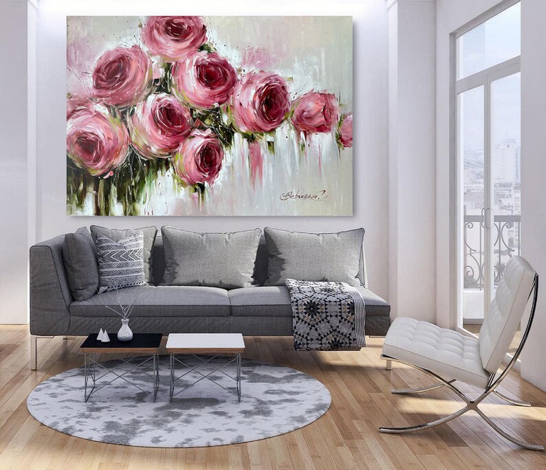Large Oversized Roses Wall Art Pink Canvas Flowers Oil - Etsy