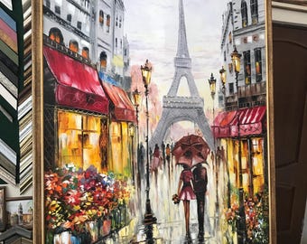 パリの愛の油絵オリジナルのロマンチックな愛の絵画エッフェル塔アート