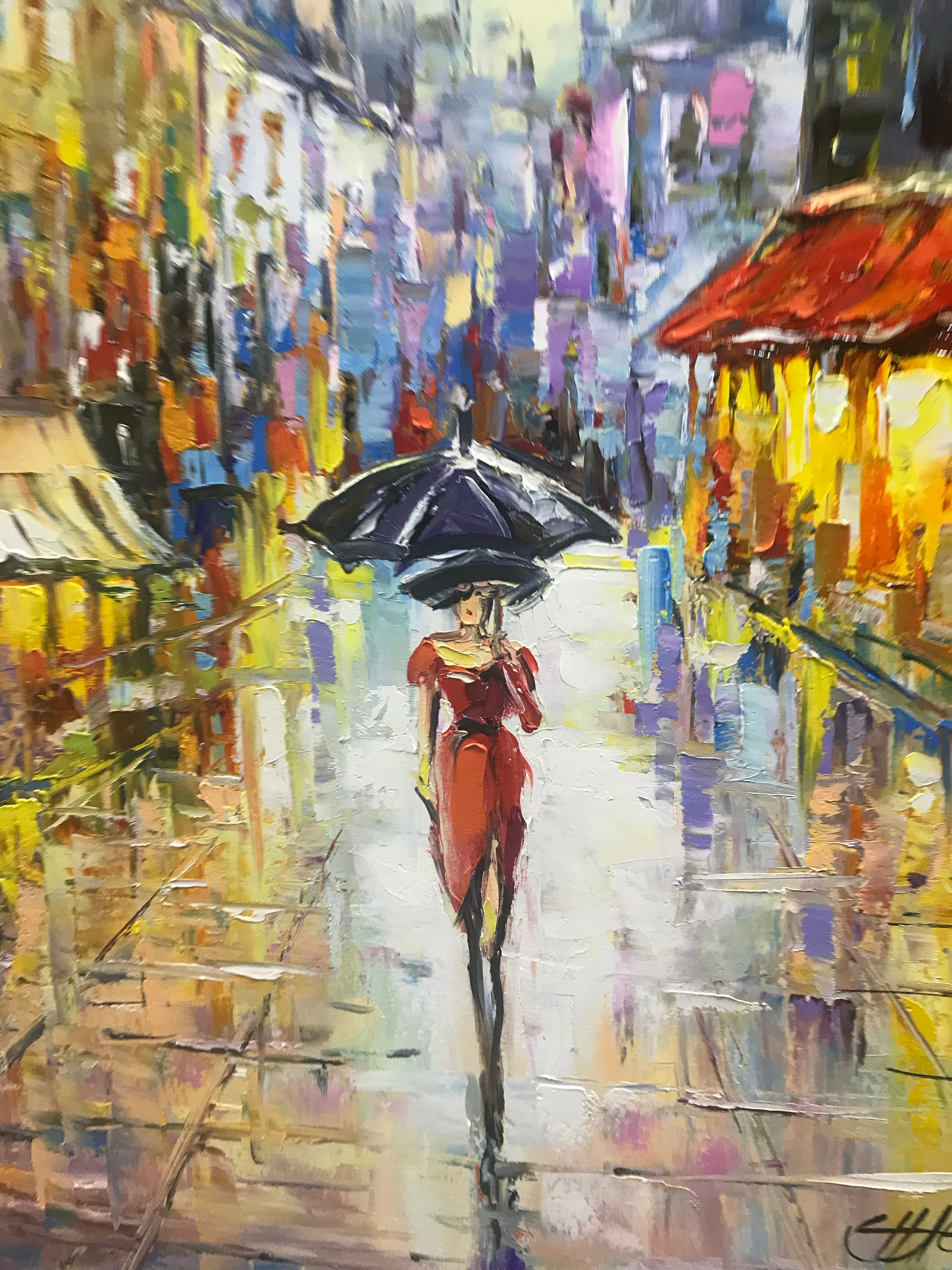 パリの街並みの油絵 オリジナル 傘を持つ女性の絵画 雨の街のアート 雨