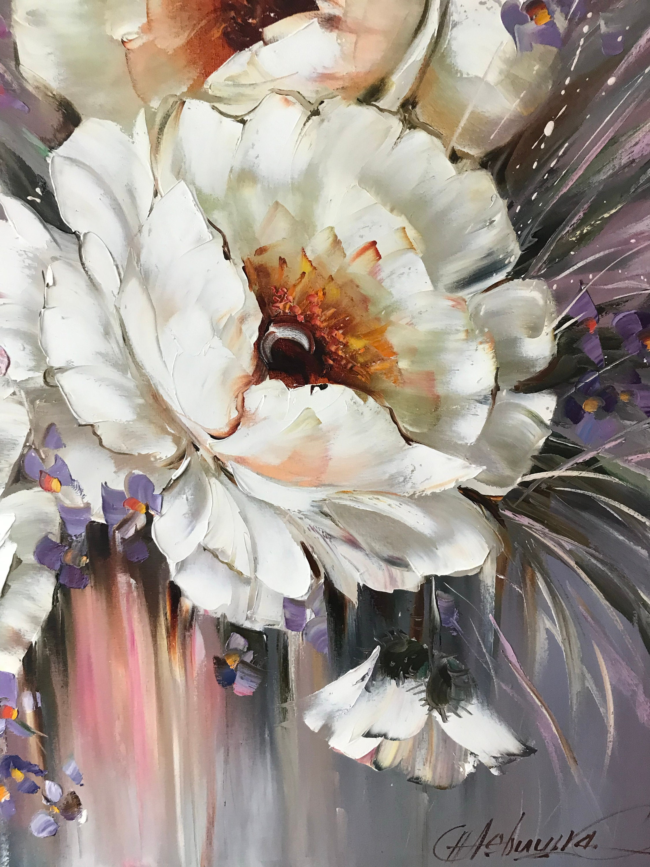アネモネパステル絵画油絵水彩画アート花フラワー キャンバスに描かれたアネモネの絵画 白いアネモネの花の油絵