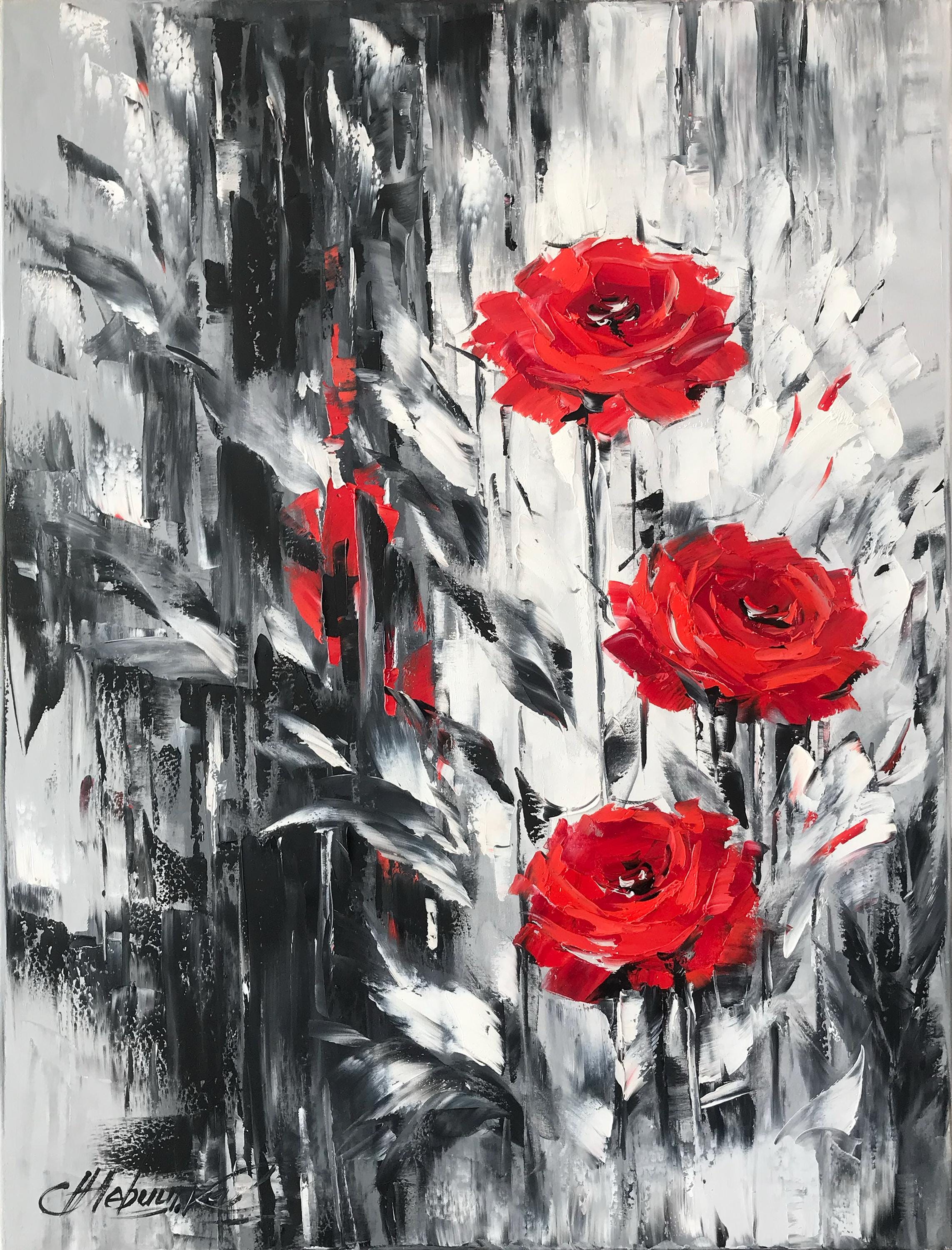 ロマンチックなバラの絵画オリジナルアートワーク白黒の花の絵画赤い