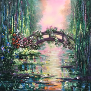 Claude Monet Painting on Canvas &quot;Japanese Bridge&quot; Water Lilies Wall Art Lily Oil Painting Green Nature Wall Decor Pond Painting Original