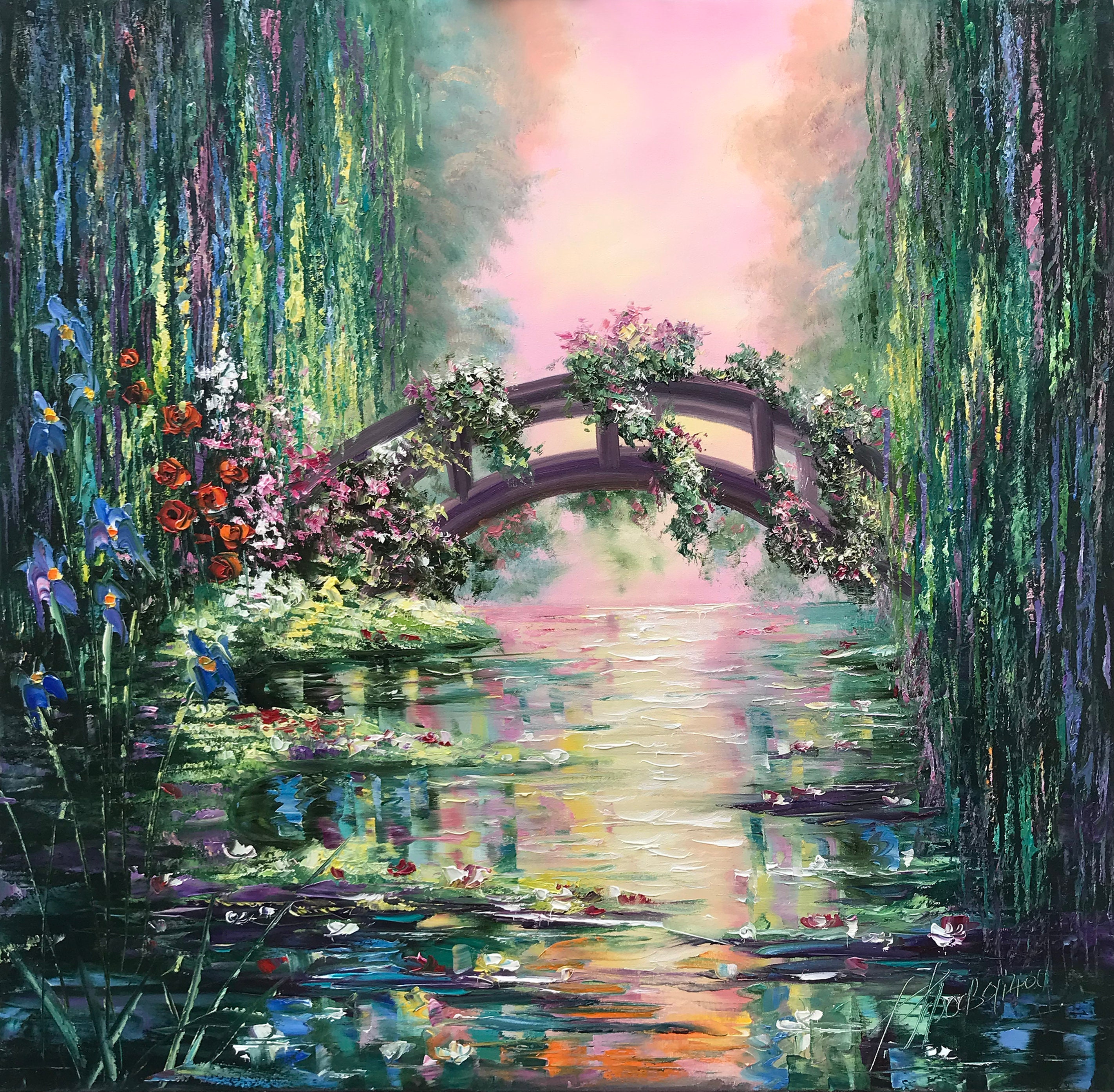 Claude Monet Painting on Canvas Japanese Bridge Water Lilies Wall