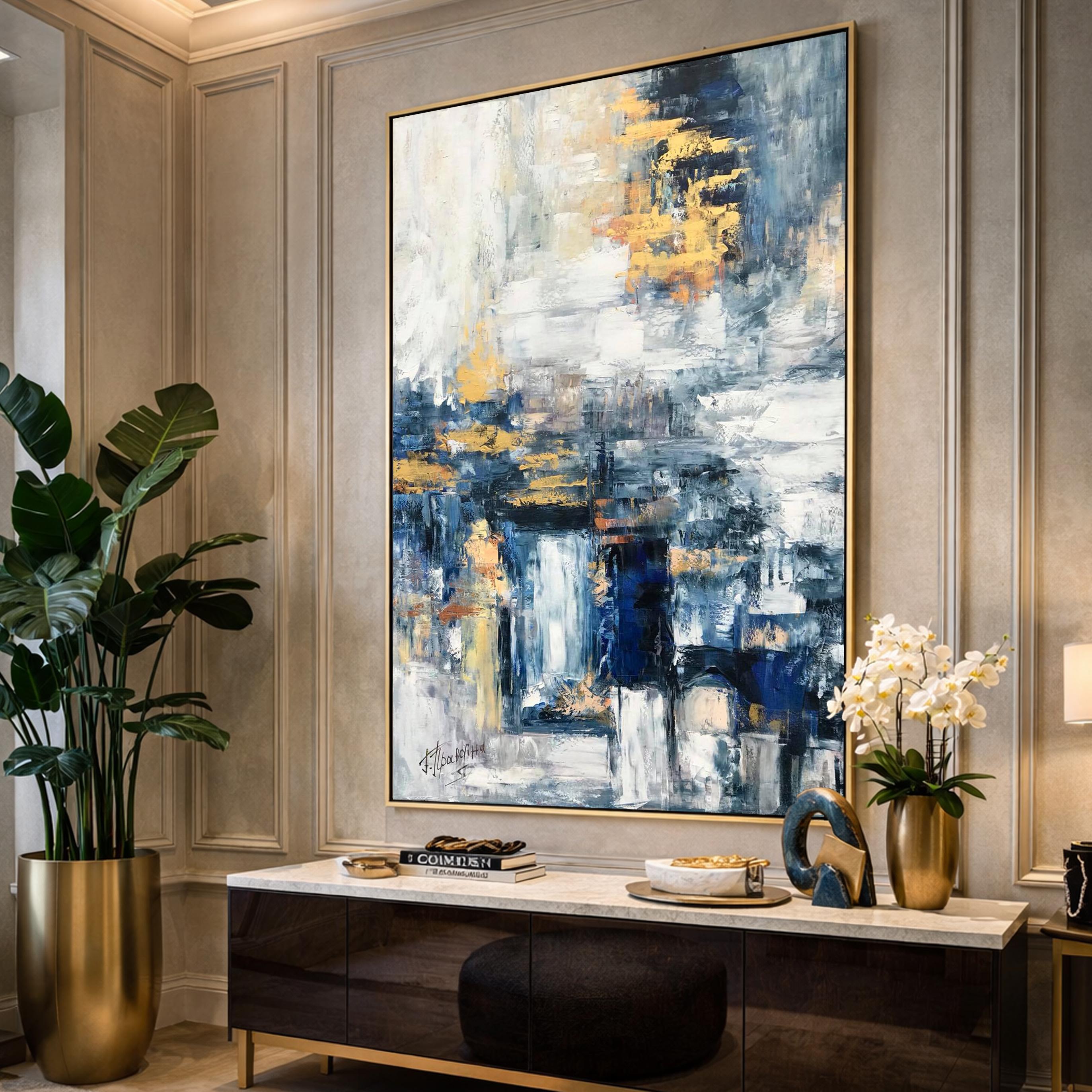 Oversize Canvas Abstract Oil Painting, Extra Large Navy Blue Gold Art ...