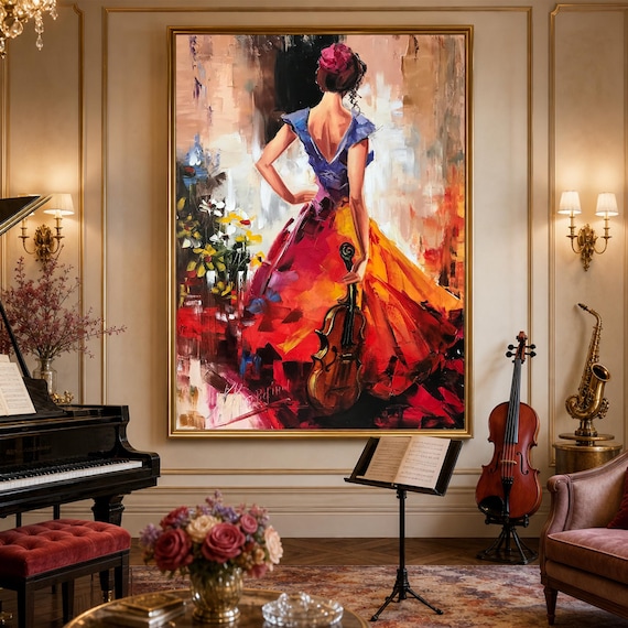 ヴァイオリンを持つ抽象的な女性の油絵、現代の音楽家アート - Etsy 日本