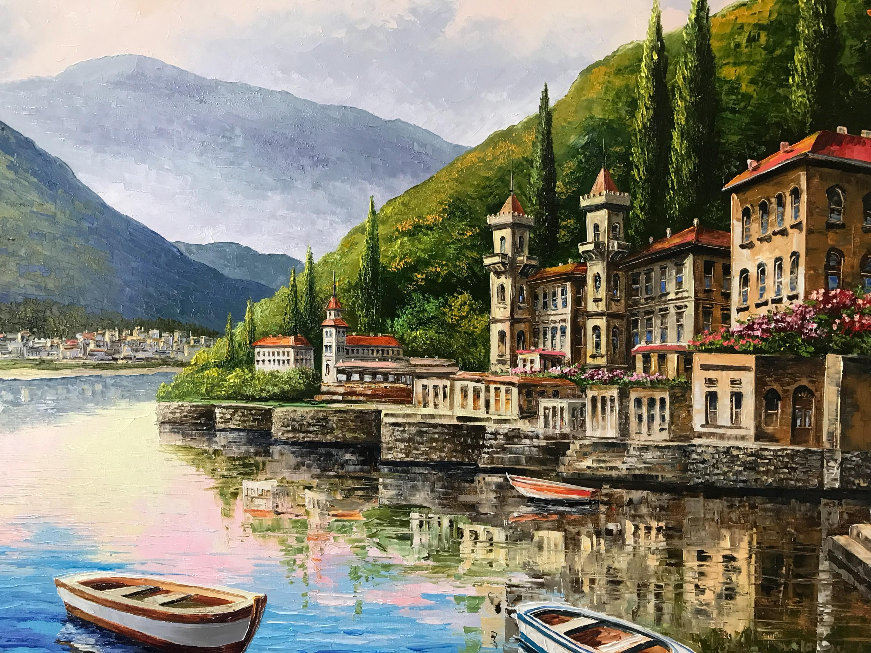 コモ湖の油絵 オリジナルイタリア風景画 キャンバス イタリアアート