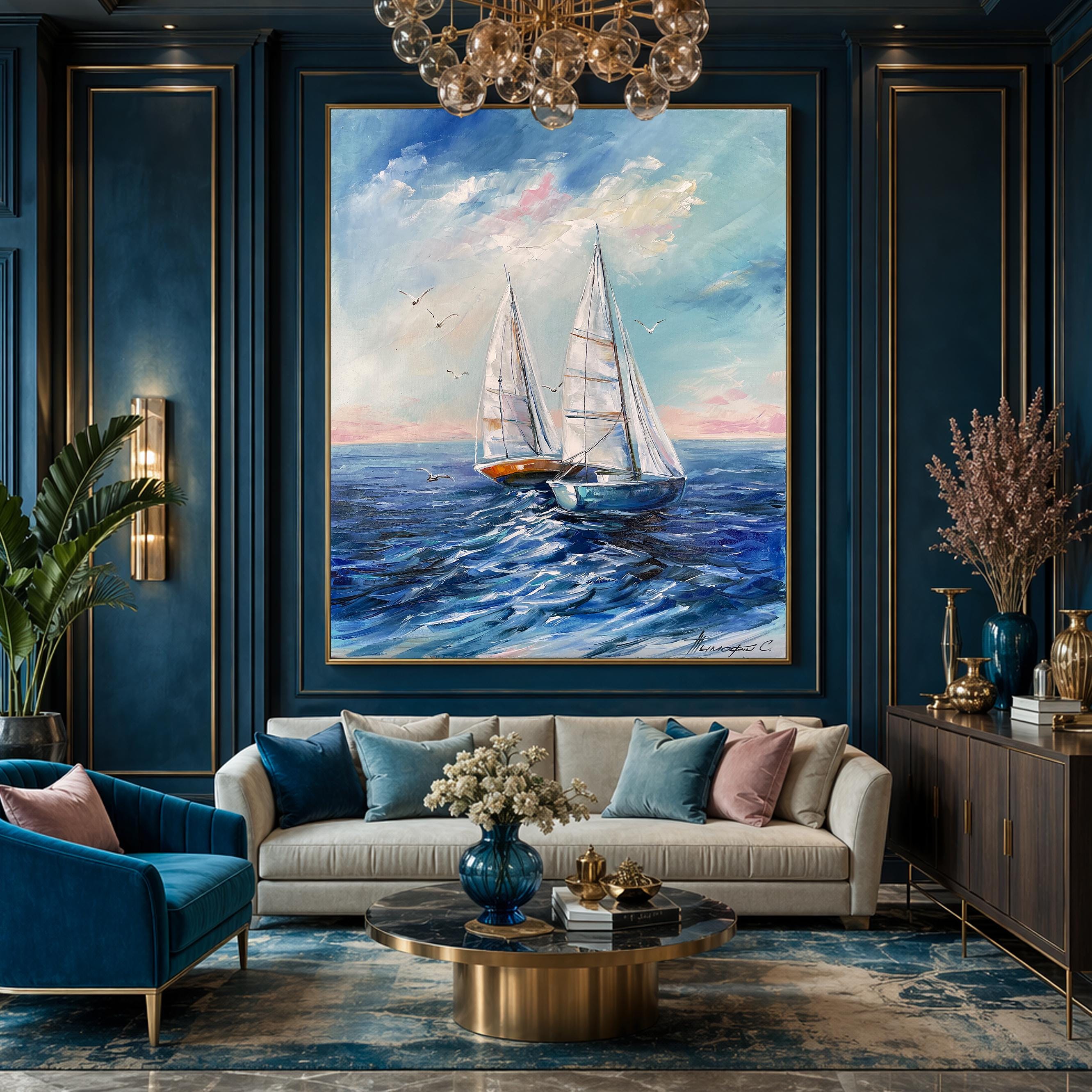 特大帆船のキャンバス油絵：特大の青い海景ウォールアート - Etsy 日本