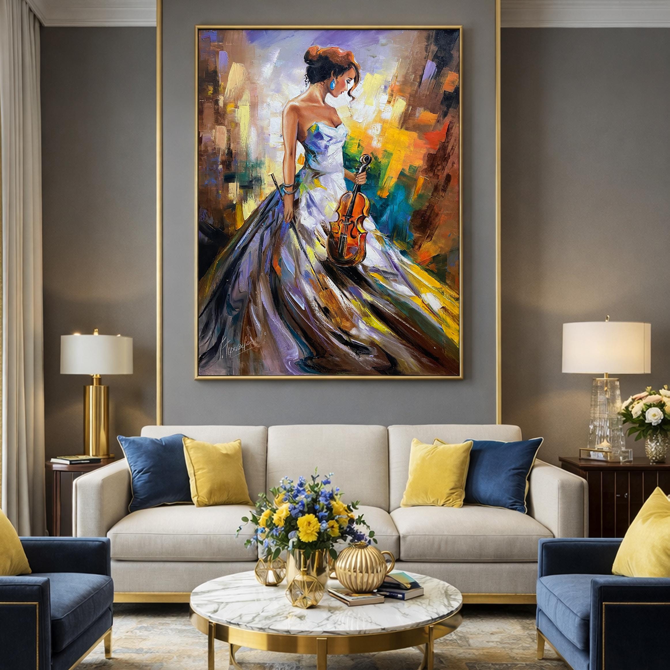 バイオリンを持つ女性 油絵 オリジナル 女性 36x48 キャンバス 壁