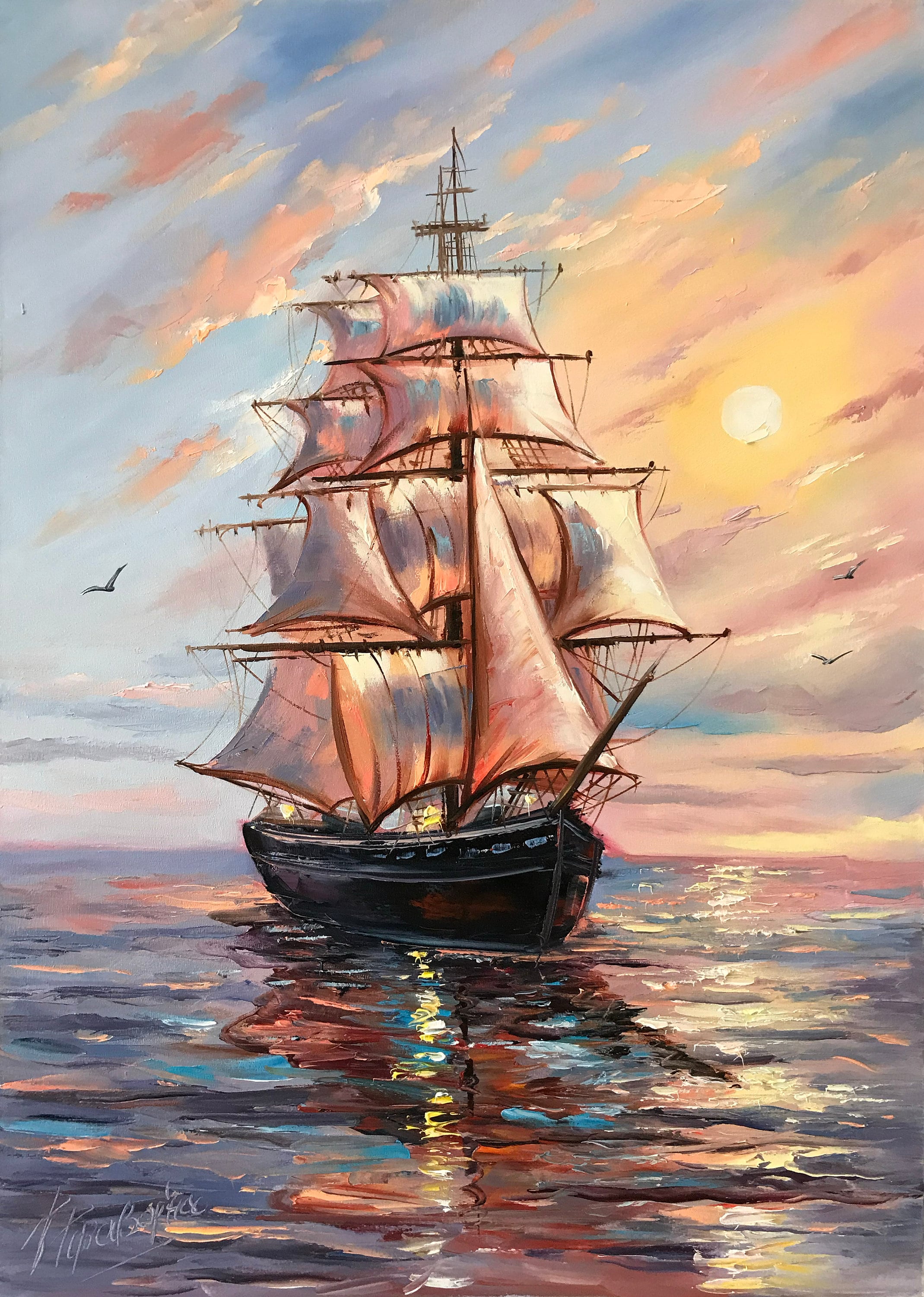 大きな船の絵画 オリジナルの海の油絵 セーリングアート 帆船の