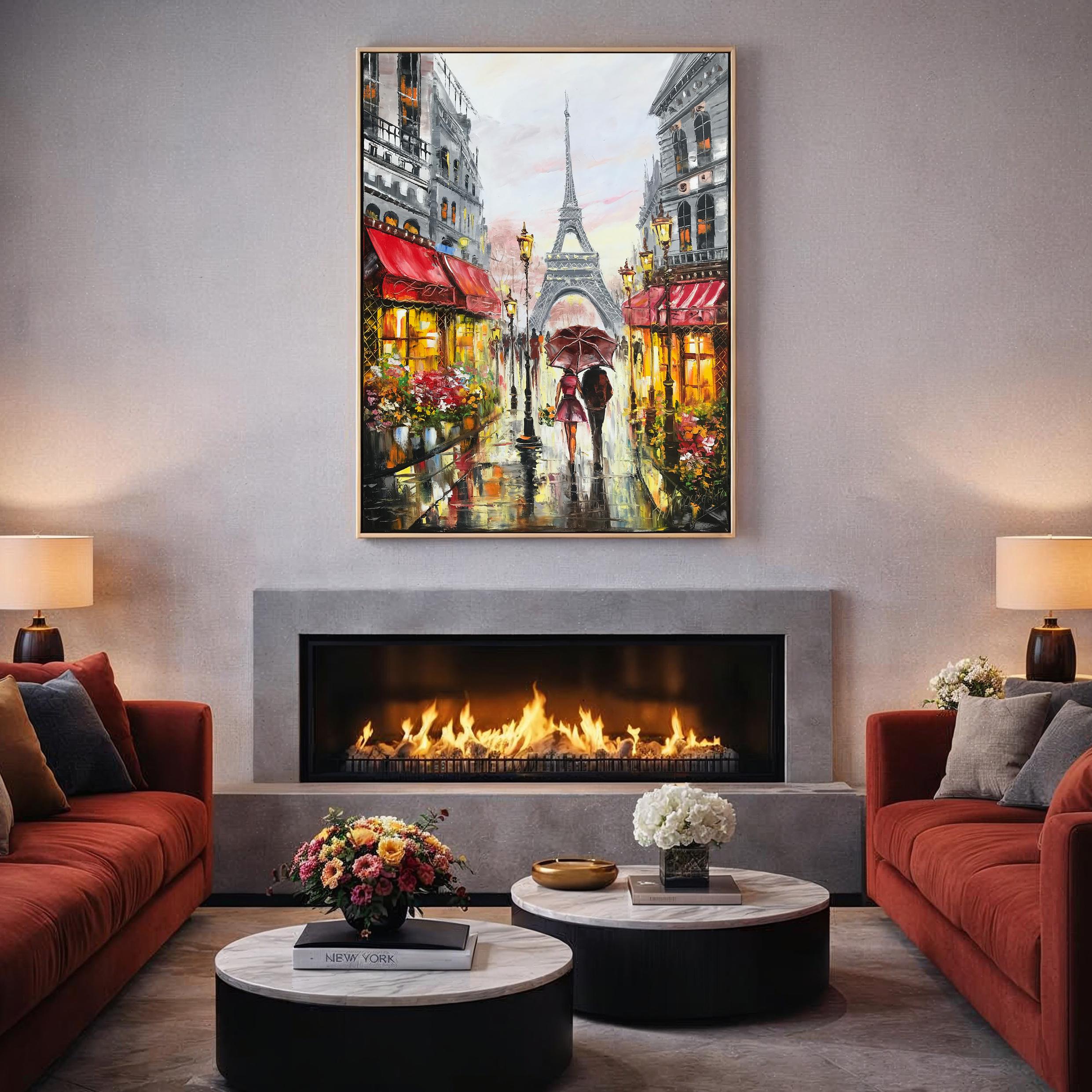 パリの愛の油絵オリジナルのロマンチックな愛の絵画エッフェル塔アート