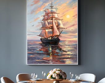 大型船の絵画 オリジナル海洋油絵 セーリングアート 帆船装飾 平和な壁