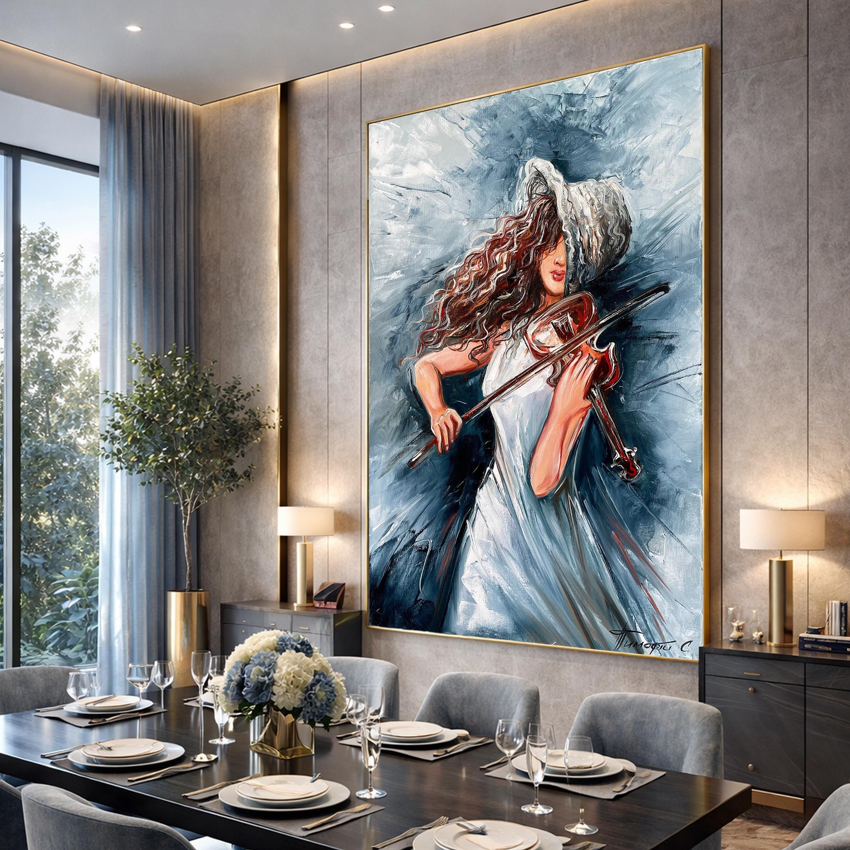 Woman Playing Violin Oil Painting Original Hand Made Artwork, Musician ...