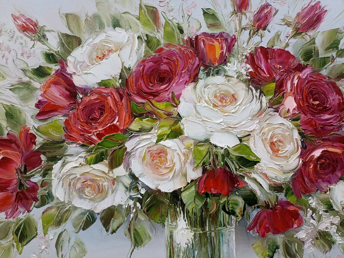 Red Roses Oil Painting Original Flowers in a Vase Painting Classic Wall ...