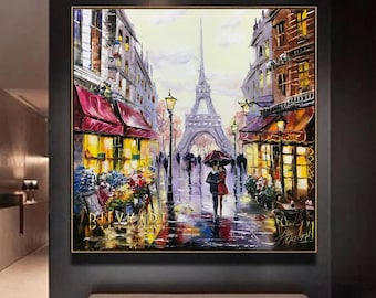 パリのエッフェル塔の油絵、額入り、パリを歩くカップル、キャンバスに