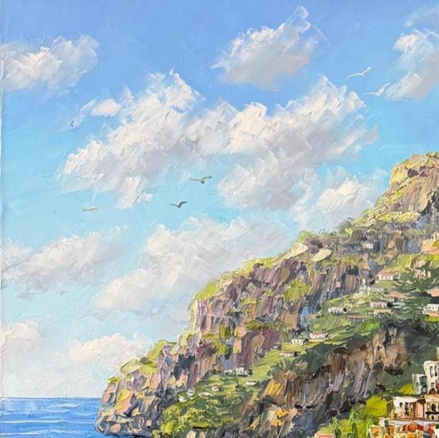 キャンバスに描かれたイタリアの海岸風景画、オリジナルのイタリアの