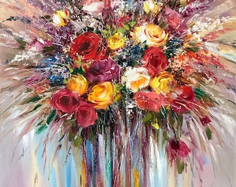 Large Floral Abstract Bouquet Oil Painting, Blooming Rose Artwork, Romantic Vibrant Roses Wall Art