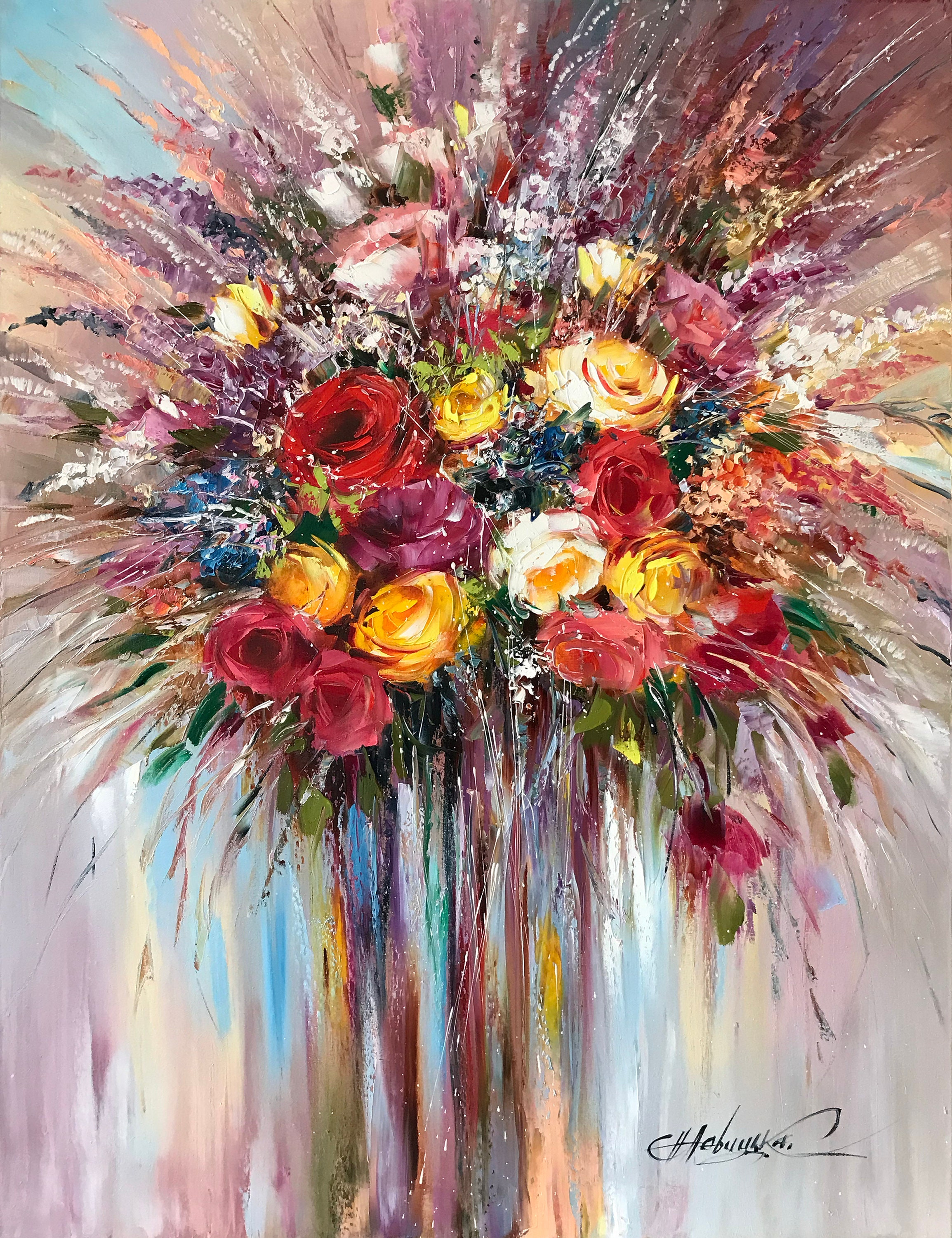 大きな花束の抽象的な油絵、咲き誇るバラのアートワーク、ロマンチック