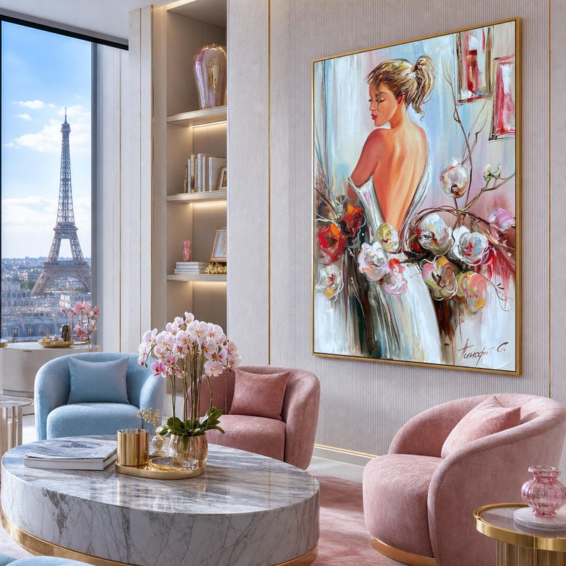 May include: An oil painting in a gold frame depicts a woman with her back turned, surrounded by flowers. The artwork is displayed in a luxurious living room with pink and blue armchairs, a marble coffee table, and a view of the Eiffel Tower.