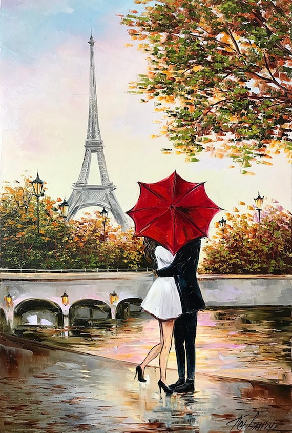 Couple Kissing Under Red Umbrella Painting Romantic Wall Art - Etsy