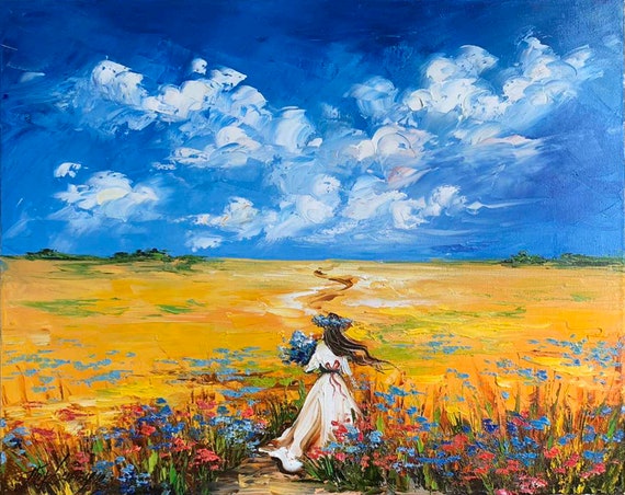 ウクライナの風景油絵 オリジナルの花畑の少女の絵画 ウクライナ