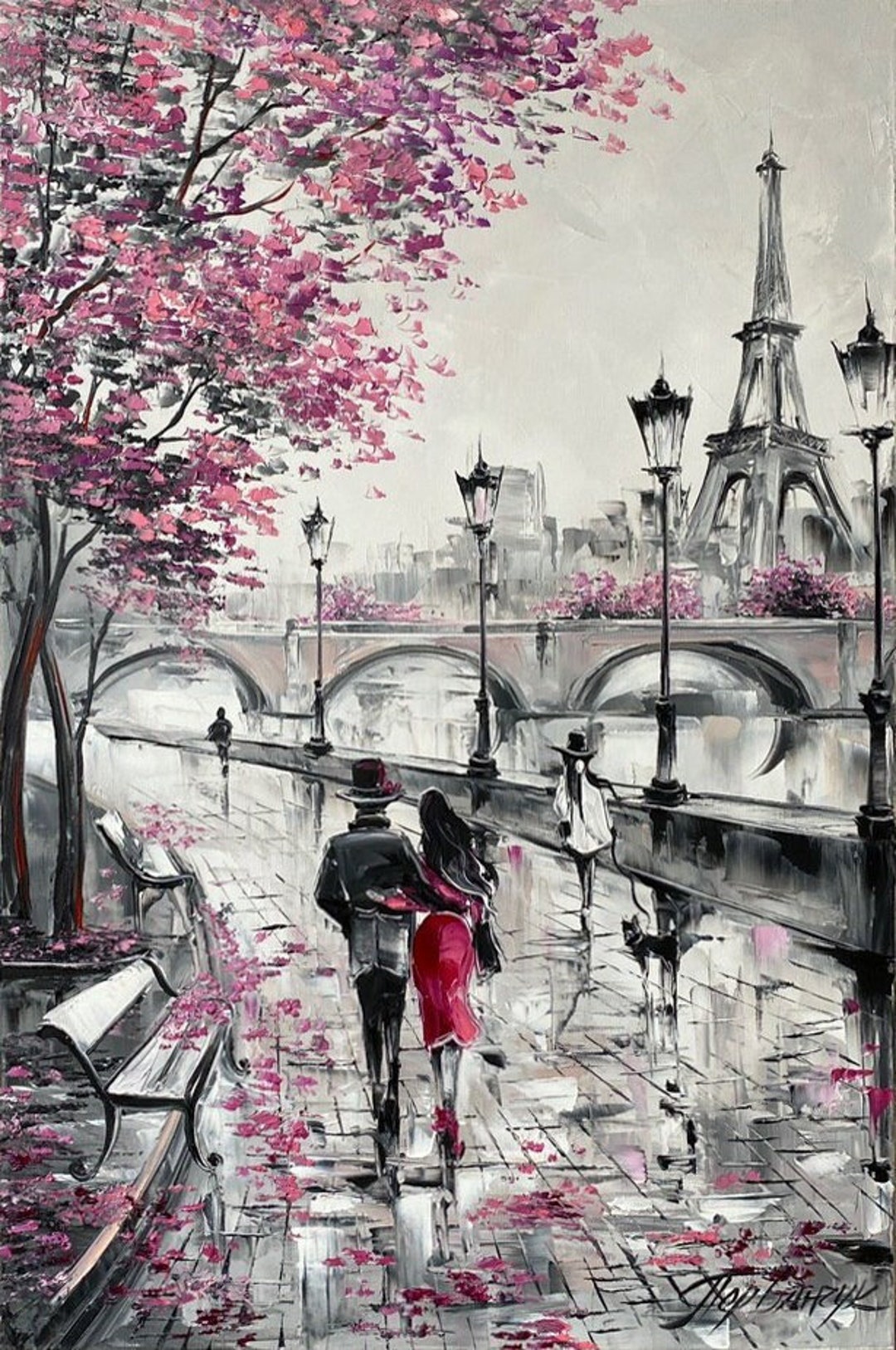 絵画 rose de paris Eiffel Tower Oil Painting: Couple in Paris, Romantic Blossom Tree