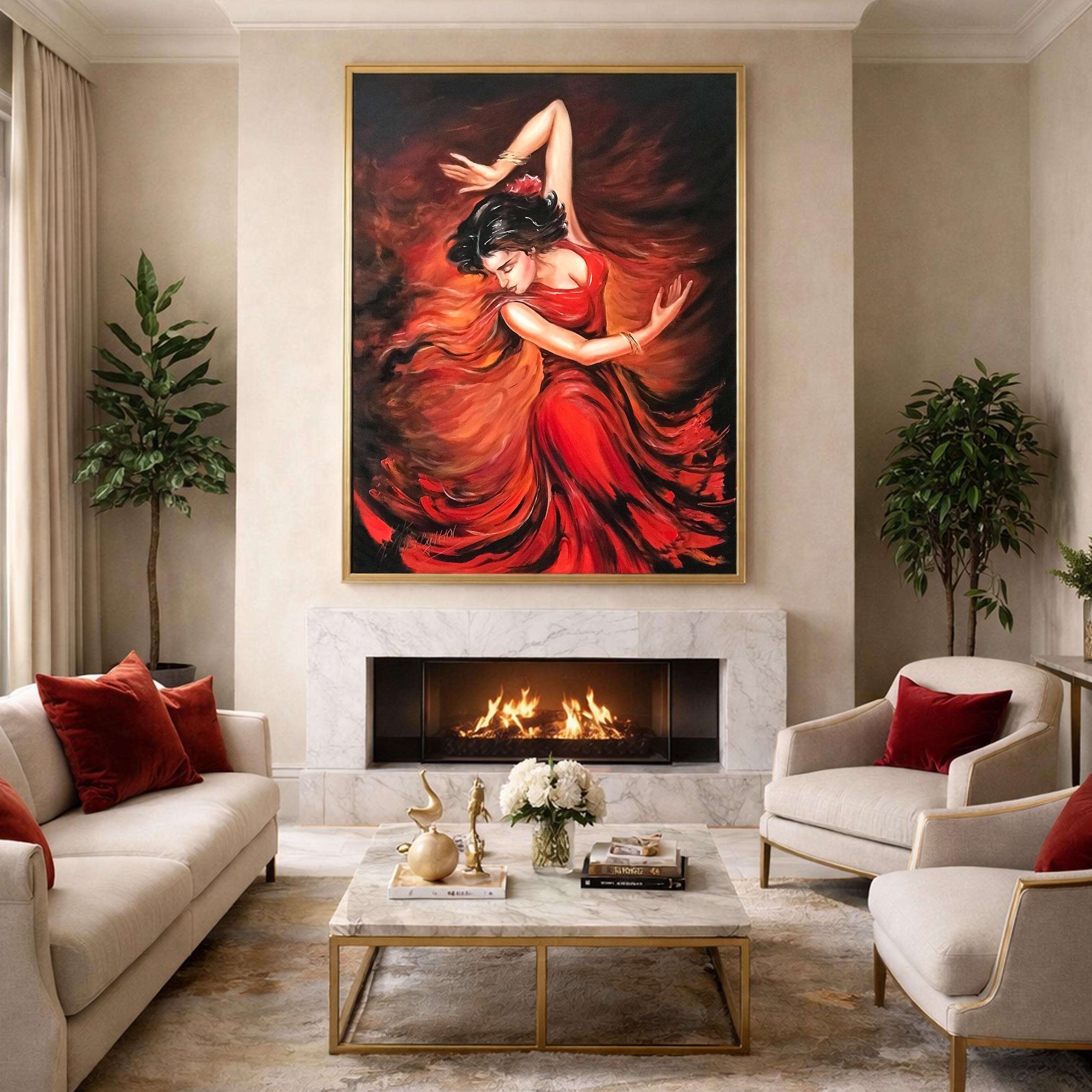 painting flamenco dancer red dress Flamenco Dancer Oil Painting: Abstract Woman in Red Dress, Handmade Canvas  Art