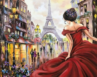 Woman in Paris Painting on Canvas Eiffel Tower Framed Art Woman in Red Painting Original Woman Canvas Wall Art Ballerina Artwork for Bedroom