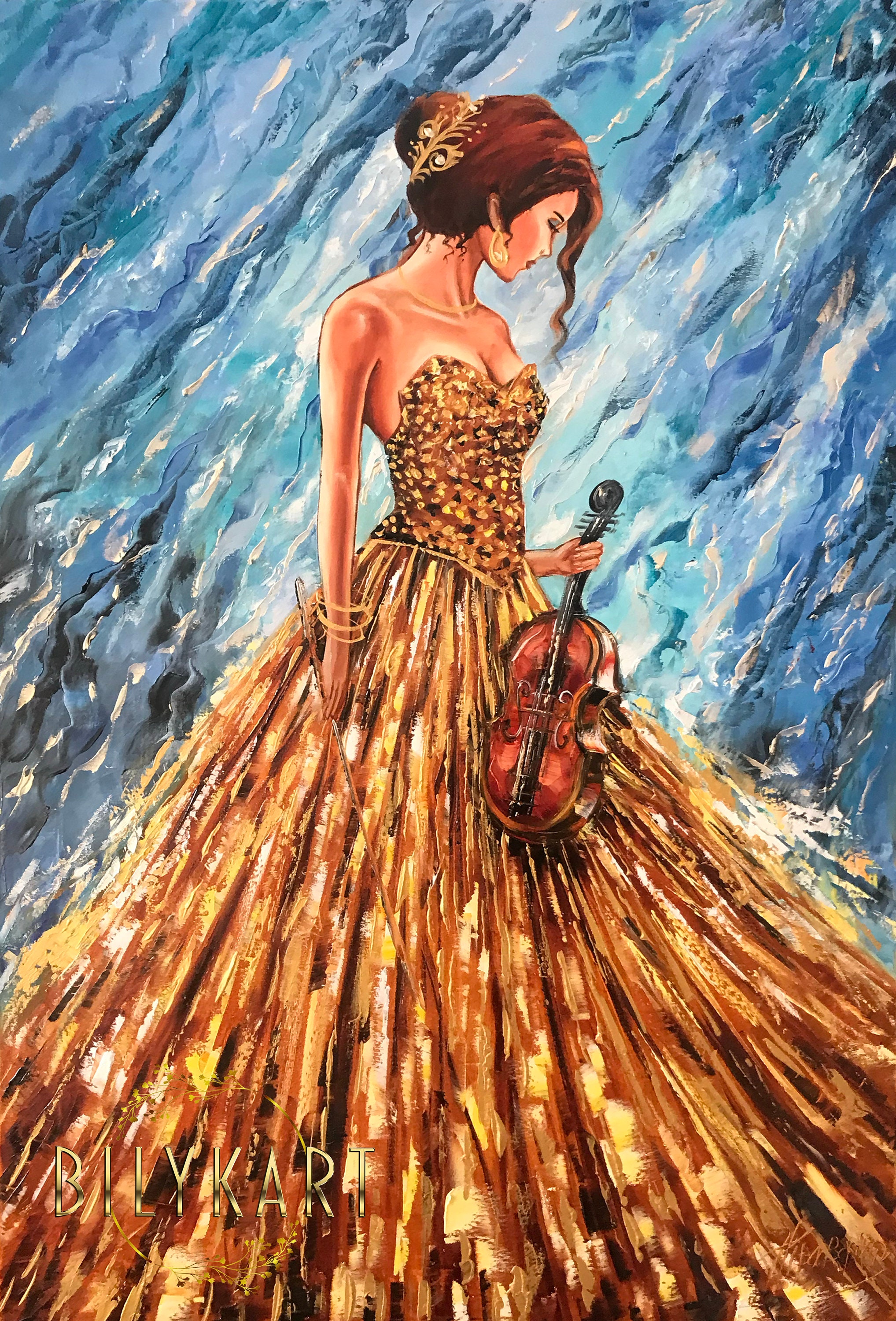 Abstract Woman in Gold Dress Oil Painting Original Girl Music Painting Blue  Gold Violin Decor Violin Player Painting Modern Woman Artwork - Etsy