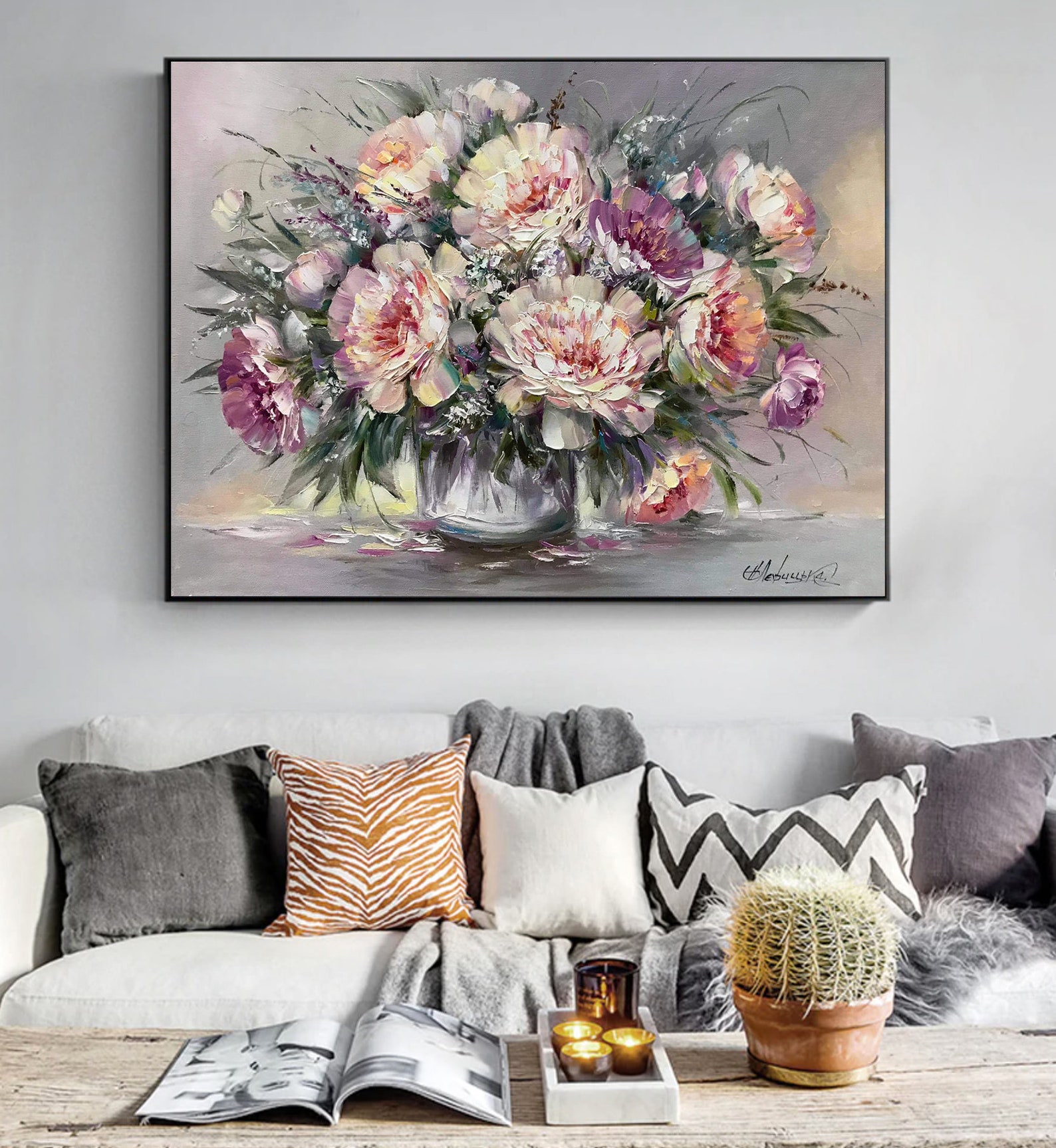 Peony Oil Painting Pink Peonies Wall Art Peony Bouquet in Vase | Etsy