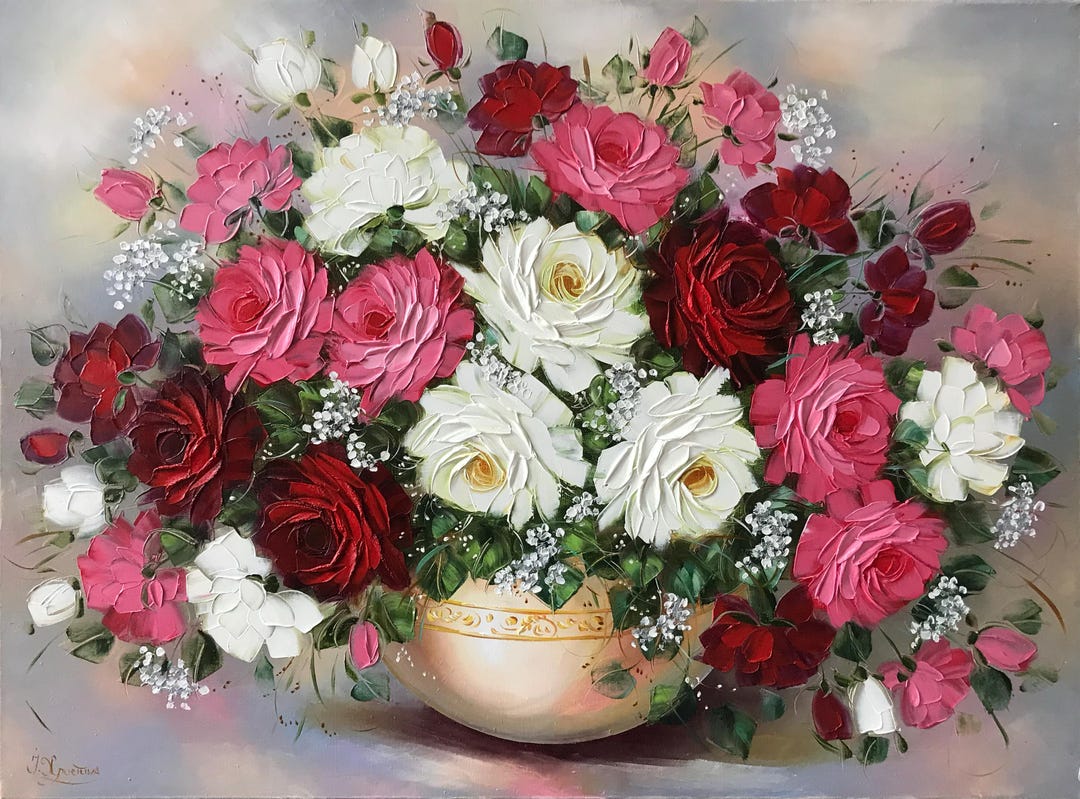 花瓶に入ったバラの花束の油絵：静物画の花のアートワーク - Etsy 日本