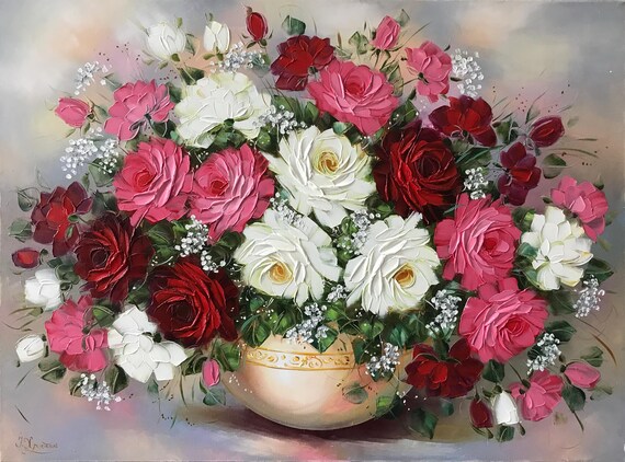 花瓶に入ったバラの花束の油絵：静物画の花のアートワーク - Etsy 日本