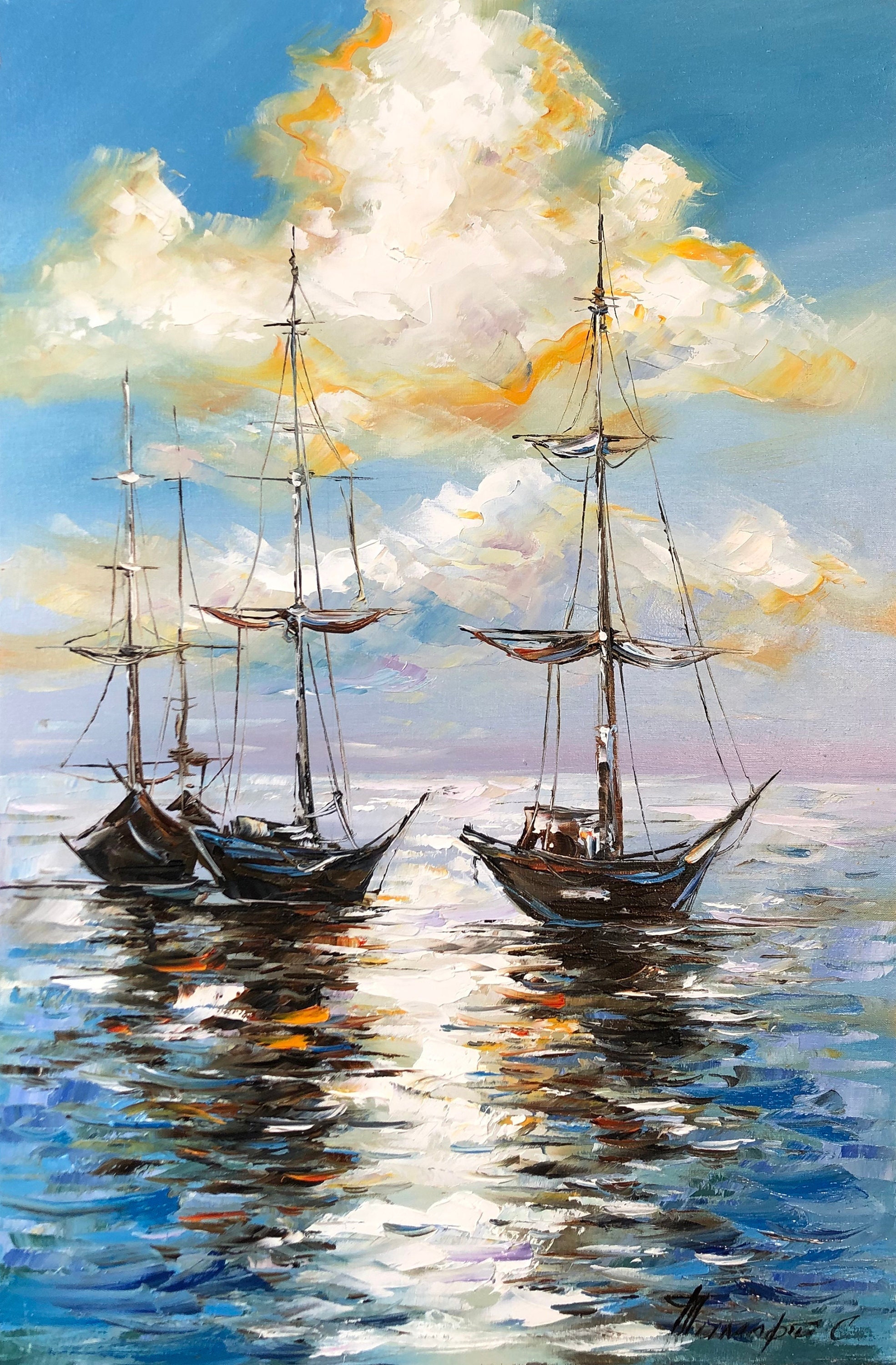 海に浮かぶ帆船の油絵、オリジナルの帆船の絵画、帆船の壁アート 海に浮かぶ帆船の油絵、オリジナルの帆船の絵画、帆船の壁アート
