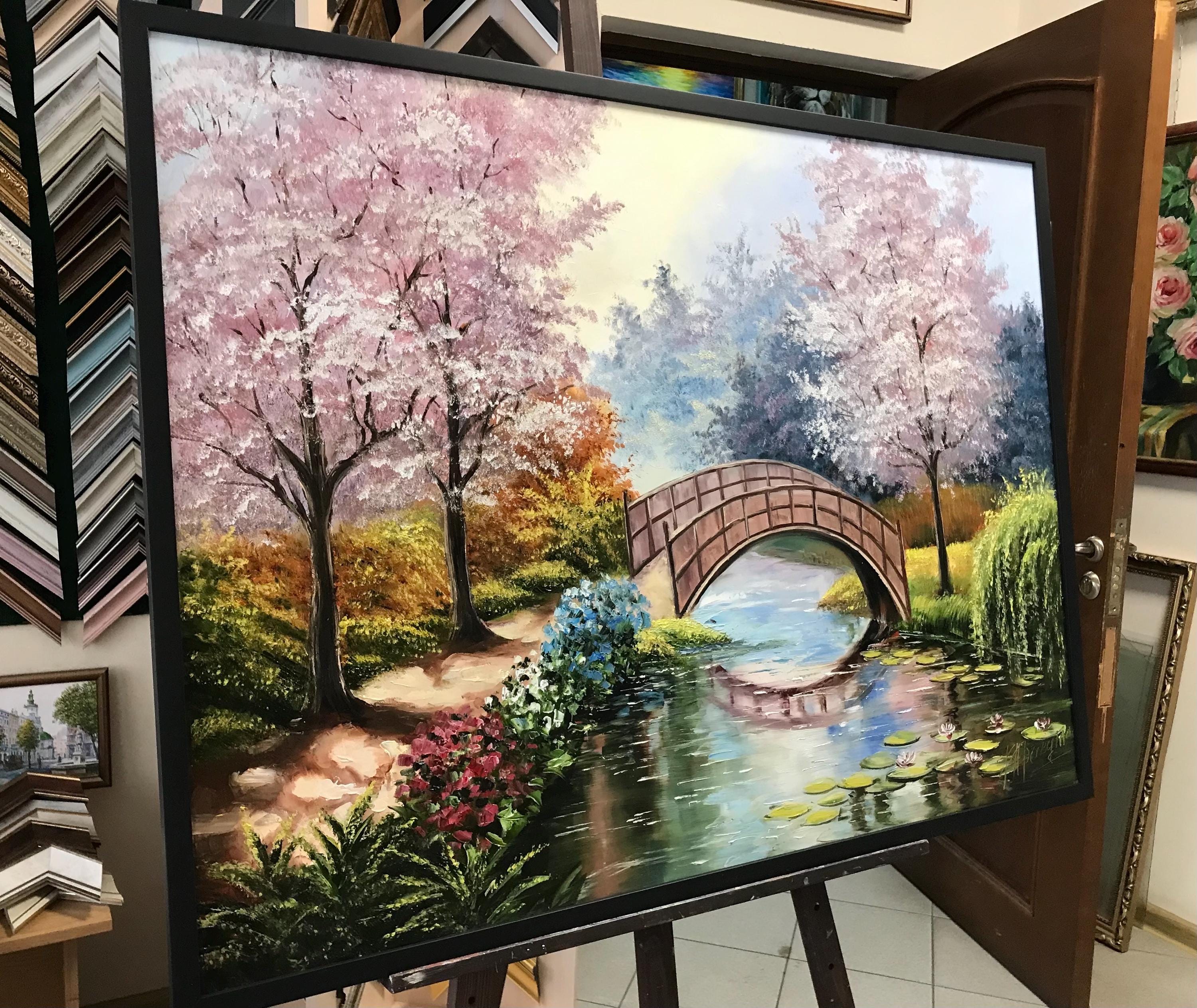 モネの睡蓮の油絵 オリジナル桜アート 日本庭園の絵画 睡蓮の池に