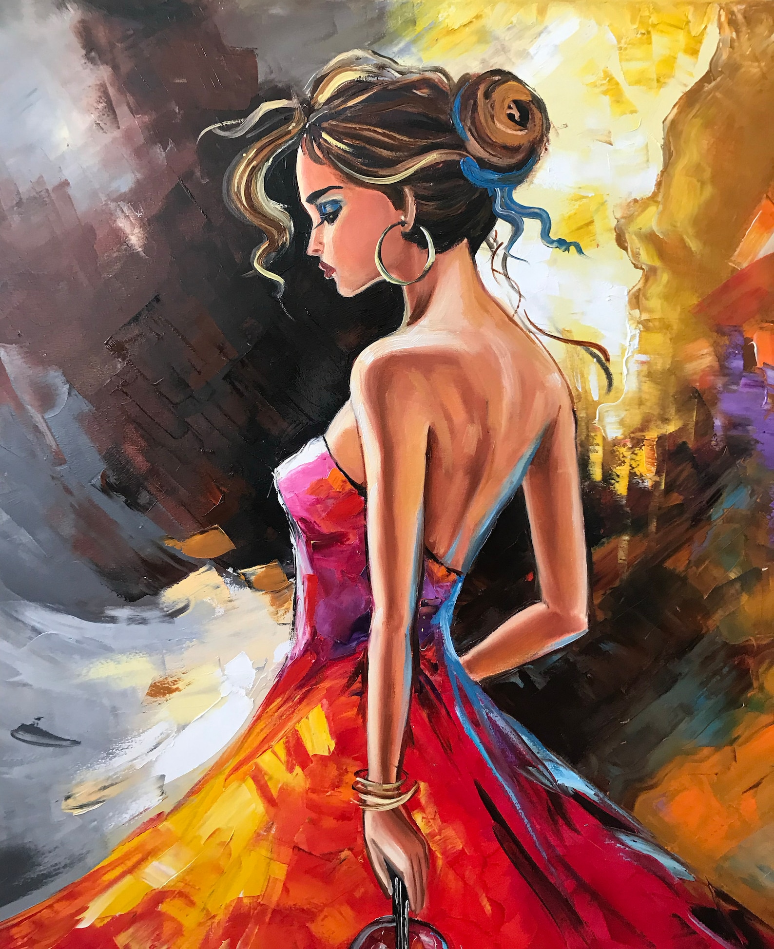 Original Girl With Violin Oil Painting Music Player Wall Art Musician ...